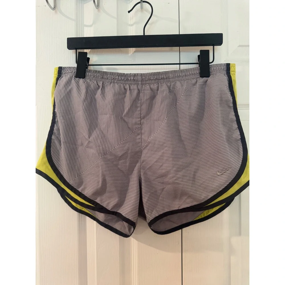 Nike Dri-FIT Tempo Running Shorts Grey Neon Yellow Pinstripe Womens Medium